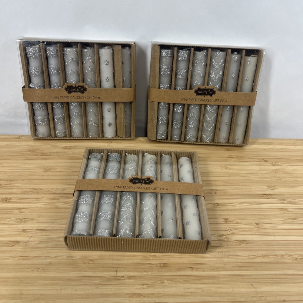 Mud Pie Mini Taper Candles Lot 3 Sets 18 Silver Glitter Ivory 4985076S NEW
